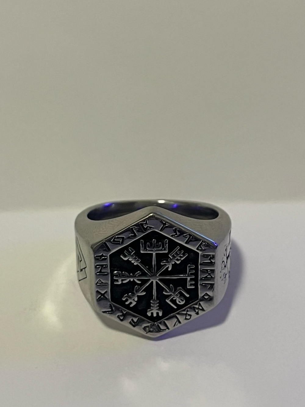 Men's Stainless Steel Viking Rune Signet Ring in Silver